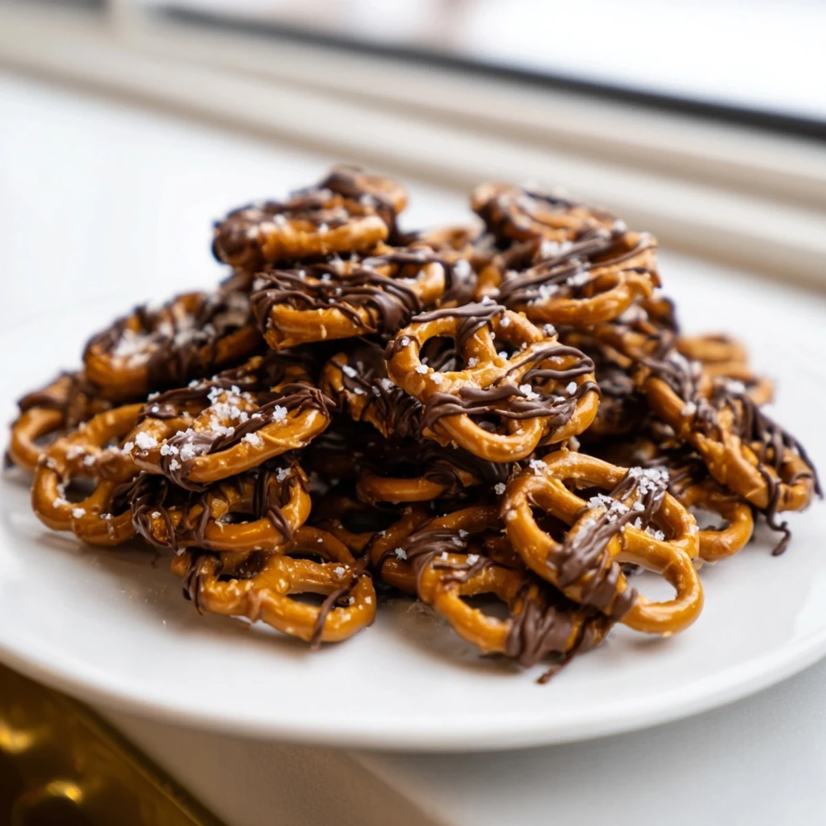 Warm butter toffee pretzels piled in a bowl with flaky sea salt sprinkled on top