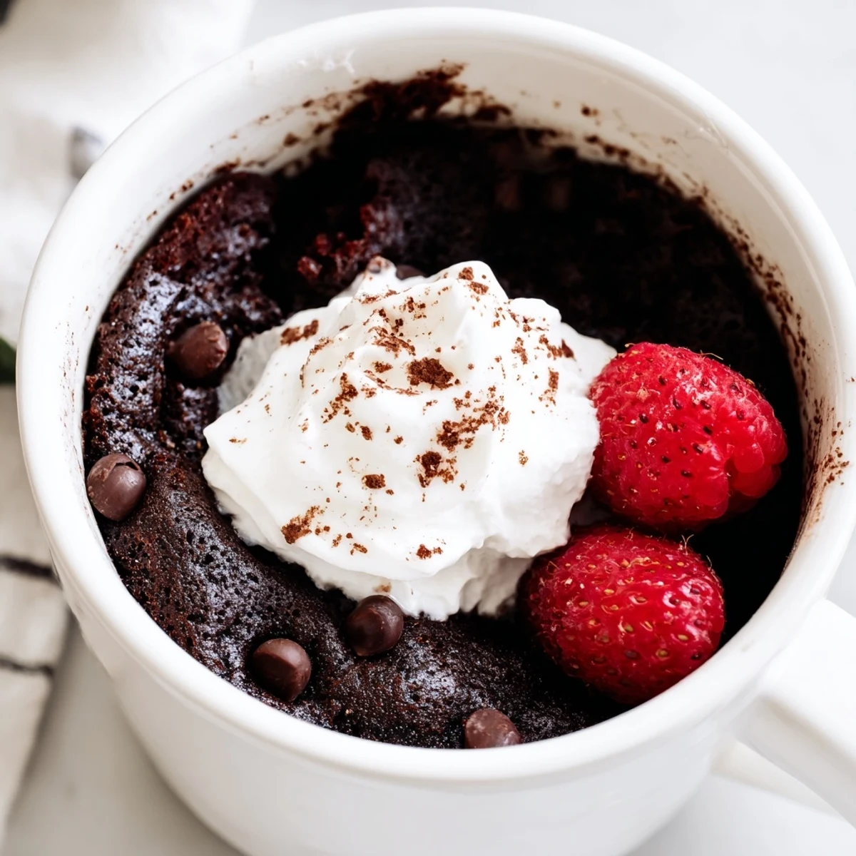 Rich gluten free chocolate mug cake with melted chips dusted with cocoa powder