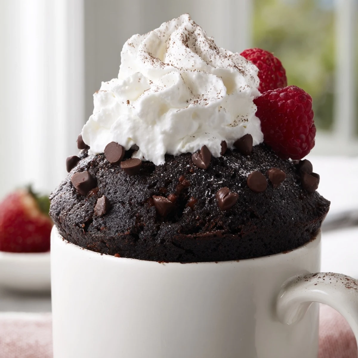 Warm gluten free chocolate mug cake topped with fluffy whipped cream in a ceramic mug