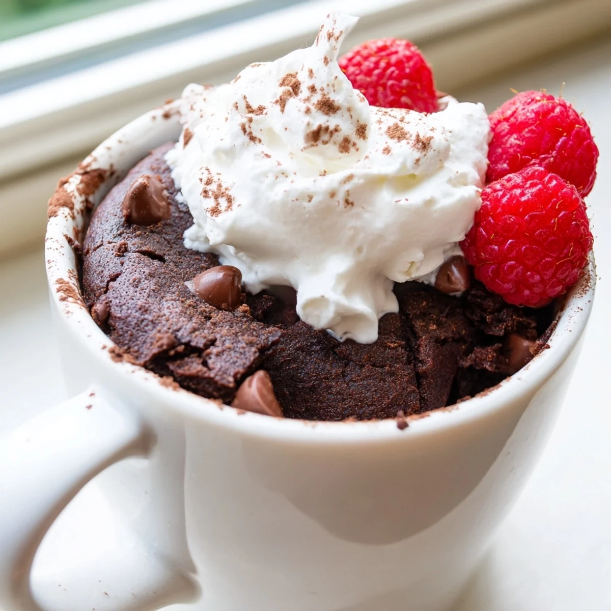 Single serving gluten free chocolate mug cake studded with chocolate chips fresh from microwave