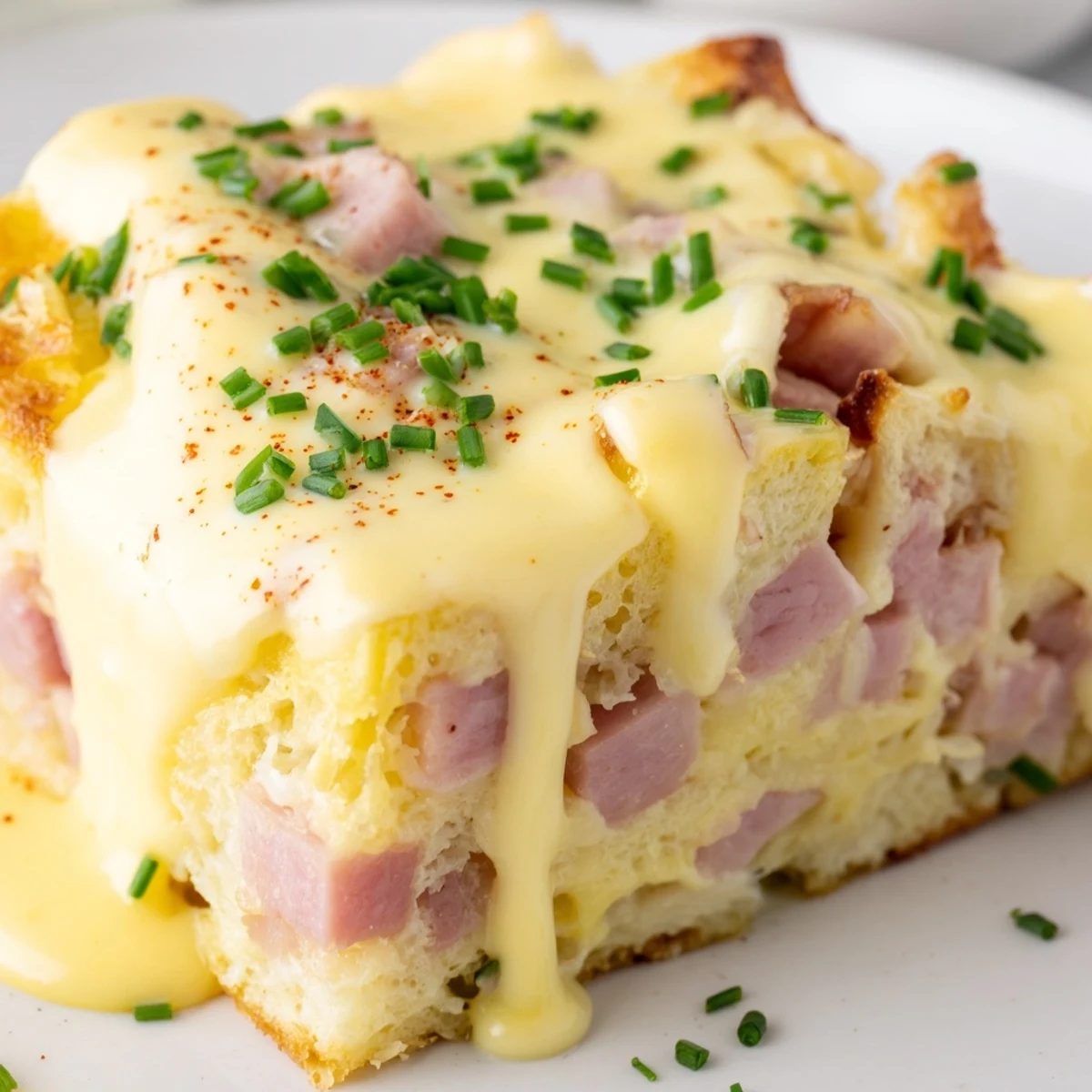 Golden Eggs Benedict Casserole topped with creamy hollandaise and fresh chives on a rustic plate