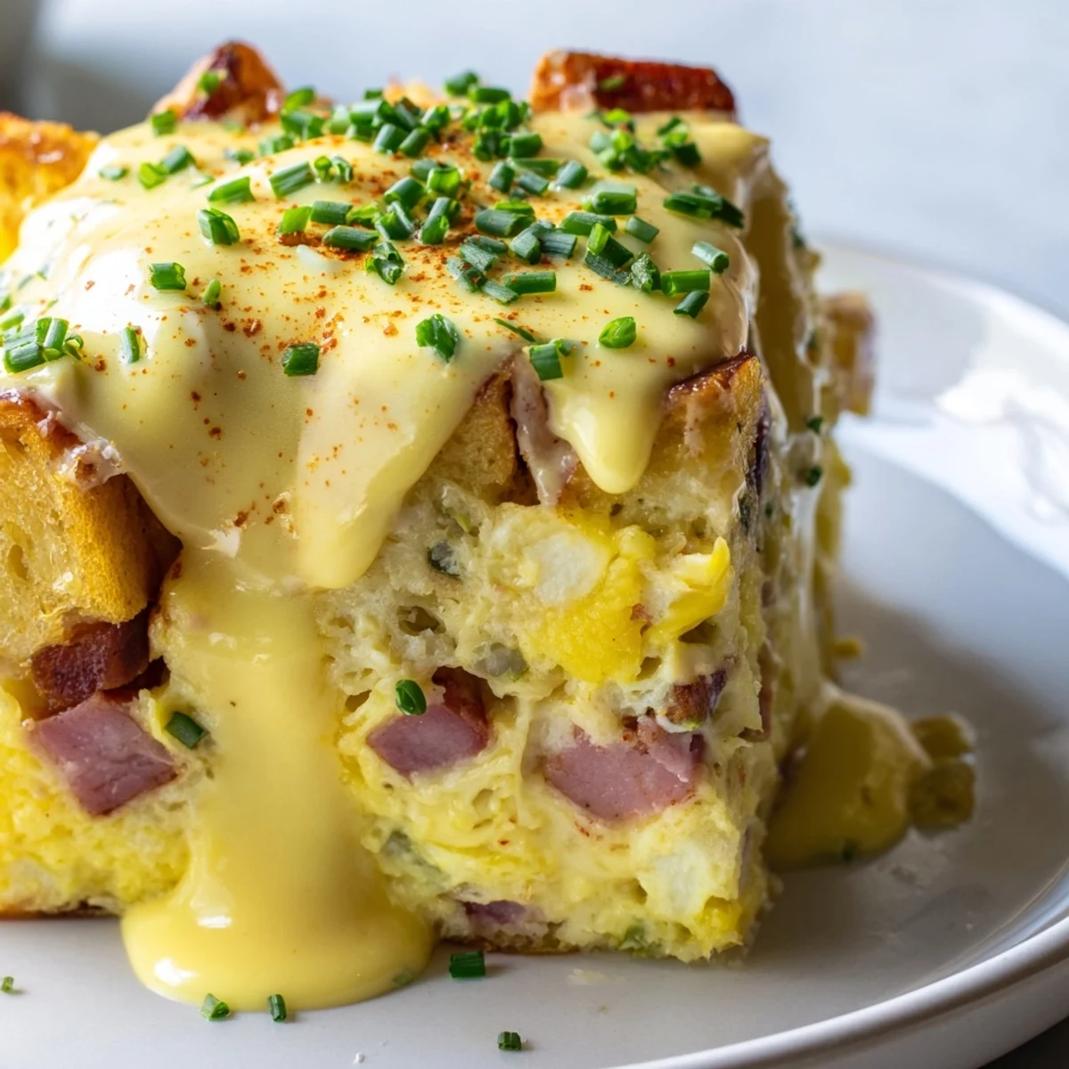 Warm slice of Eggs Benedict Casserole drizzled with rich buttery hollandaise and paprika garnish