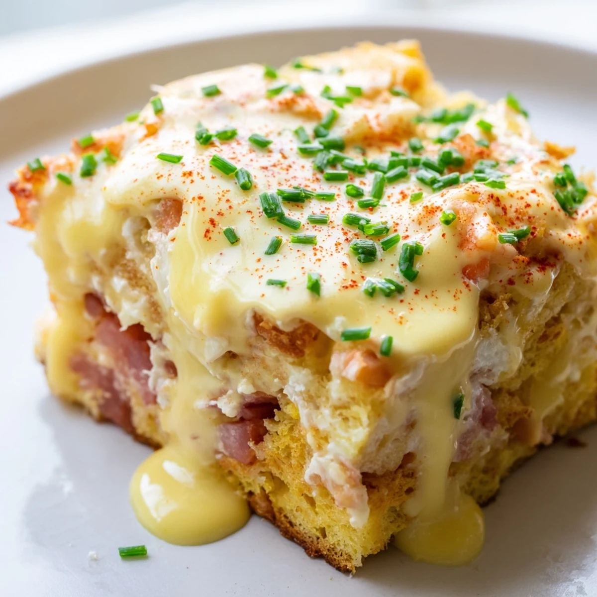 Bubbly Eggs Benedict Casserole fresh from the oven layered with Canadian bacon and toasted English muffins