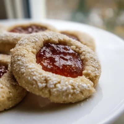 Buttery flower jam thumbprint cookies dusted with powdered sugar arranged on parchment paper