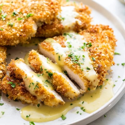 Crispy Parmesan chicken smothered in rich garlic cream sauce with fresh parsley