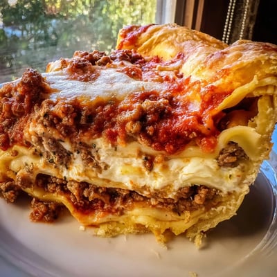 Warm slice of cheesy lasagna pie served on a plate with stretchy mozzarella and herbed beef filling