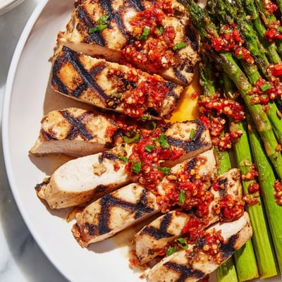 Sizzling grilled asparagus chicken drizzled with spicy Calabrian chili sauce and fresh lemon zest