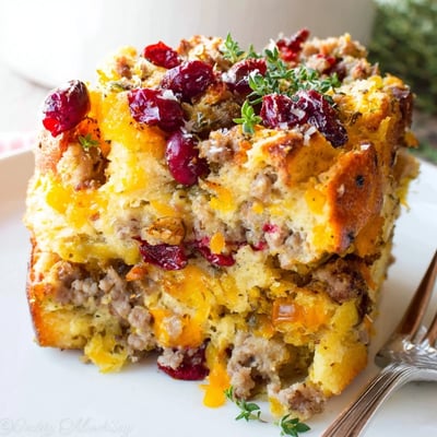 Bubbling cranberry sausage stuffing breakfast casserole fresh from the oven with herbs
