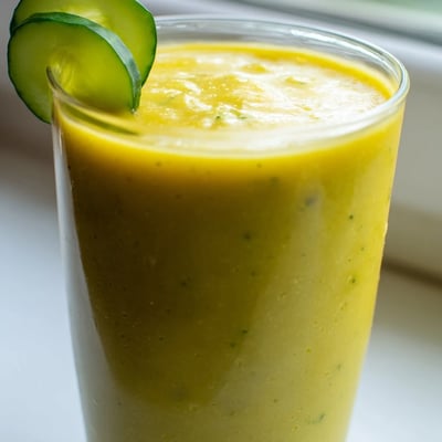 Bright green mango cucumber smoothie poured into a mason jar with a striped straw