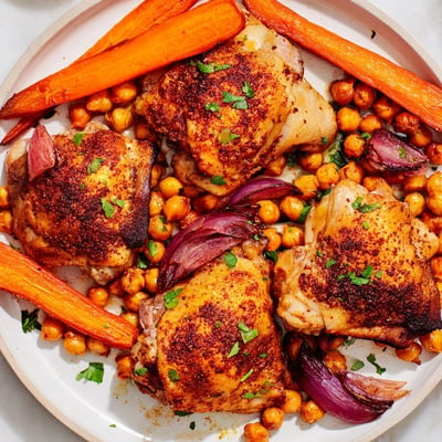 Tangy sumac chicken with carrots and chickpeas garnished with fresh parsley