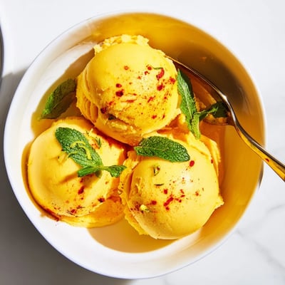 Golden creamy chili lime mango sorbet topped with fresh lime zest garnish